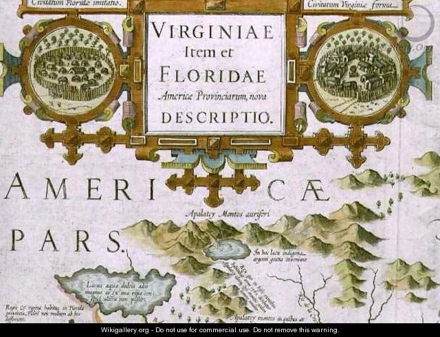 Title cartouche and insets detail of the map of North Carolina titled Virginiae item et Floridae from the Mercator Atlas - Jodocus Hondius