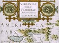 Title cartouche and insets detail of the map of North Carolina titled Virginiae item et Floridae from the Mercator Atlas - Jodocus Hondius