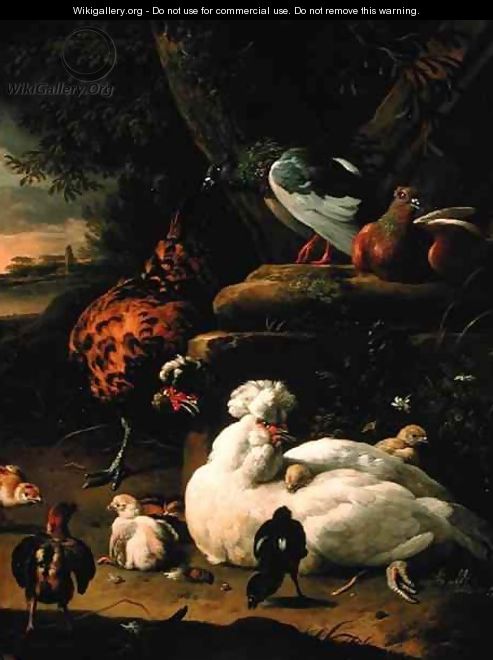 A hen with chicks a rooster and pigeons in a landscape - Melchior de Hondecoeter