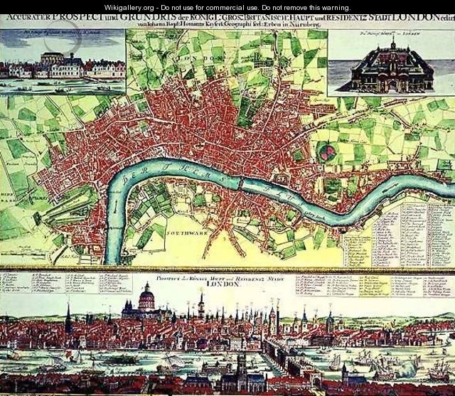 Aerial Map of London and View across the Thames from South Bank with St Pauls and London Bridge - Johann Baptist Homann