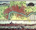Aerial Map of London and View across the Thames from South Bank with St Pauls and London Bridge - Johann Baptist Homann