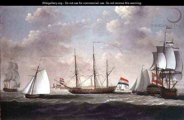 The East Indiaman t Slot ter Hooge and other shipping in a brisk breeze off a Dutch port possibly Flushing - Engel Hoogerheyden