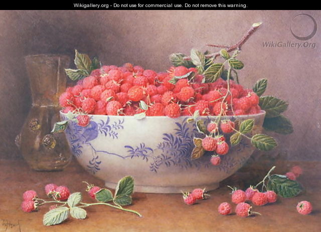 Still Life of Raspberries in a Blue and White Bowl - William B. Hough
