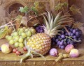 A Still Life of a Pineapple Grapes Peaches Strawberries and Hazelnuts on a Dresser - William B. Hough