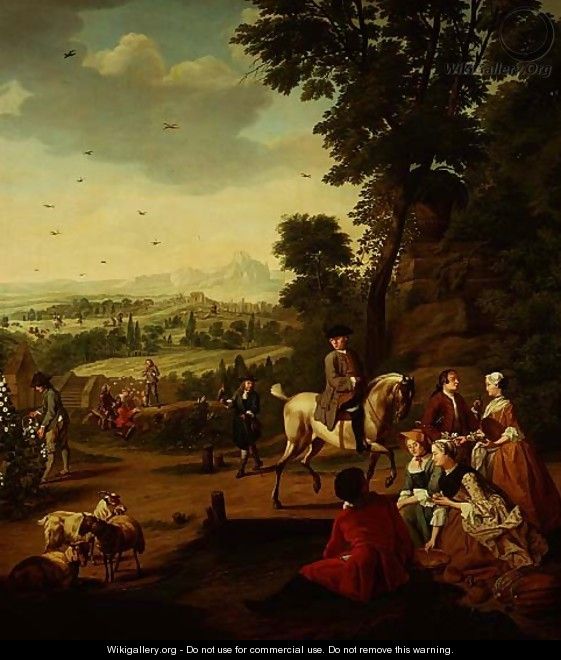 An elegant hawking party resting in a park - Jan Jozef, the Younger Horemans