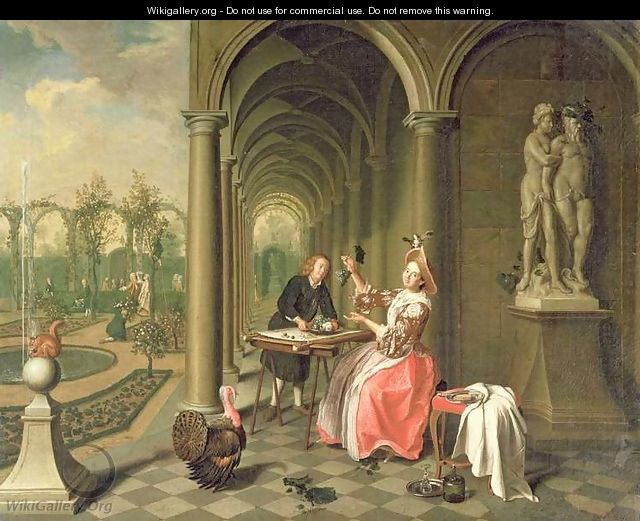 The Colonnade of a Country House with a Lady seated beside a Statue being served a Dish of Fruit - Peter Jacob Horemans
