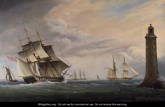 A Frigate and a Naval Brig passing the Eddystone Lighthouse - Thomas L. Hornbrook