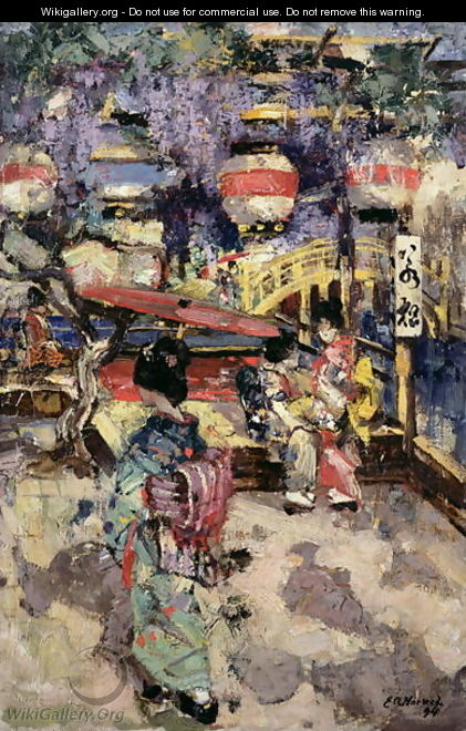 Japanese Street Scene with Lanterns and Bridge - Edward Atkinson Hornel