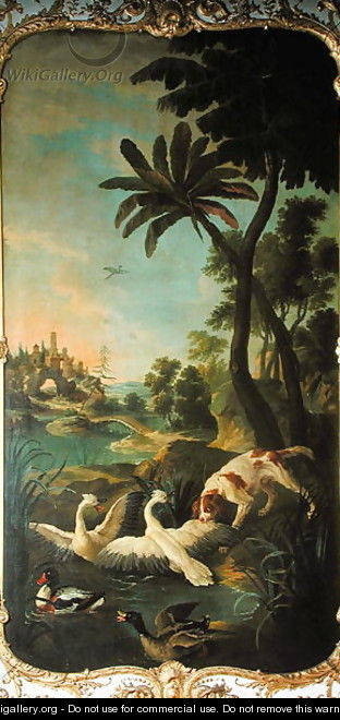 A Spaniel attacking swans a mallard duck and a shelduck panel from the bedroom of Louis Henri I 1692-1740 Prince de Conde - Christophe Huet