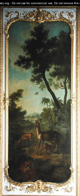 A Roe Deer a Doe and a Fawn with a Fox Eating a Pheasant panel from the bedroom of Louis Henri I 1692-1740 Prince de Conde - Christophe Huet