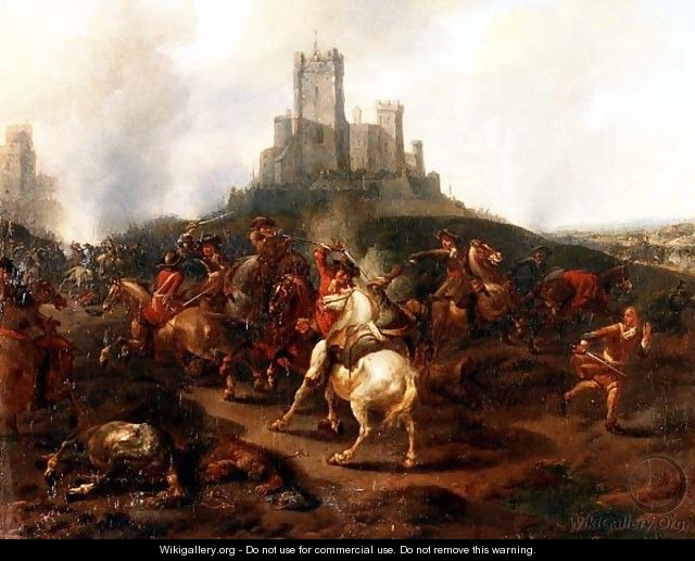 A cavalry skirmish before a fortress - (attr. to) Huchtenberg, Jan van