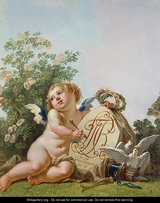Cupid commemorating a marriage by Incising on a a Tablet the interlaced initials FT and RC - Jean-Baptiste Huet
