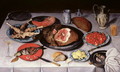 Breakfast piece with a fish ham and cherries - Jacob van Hulsdonck