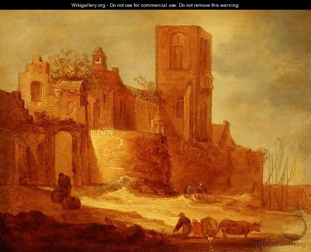 A ruined abbey by a waterway with peasants and cattle in the foreground - Frans de Hulst