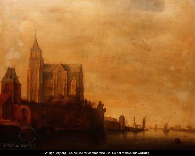 Groote Kerk with a View of the Main Tower Emmerich in a River Landscape with Sailing Boats - Maerten Fransz van der Hulst