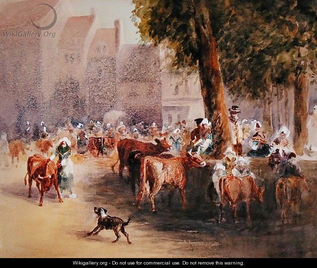 Early Morning in the Village Cattle Market - William Hunt