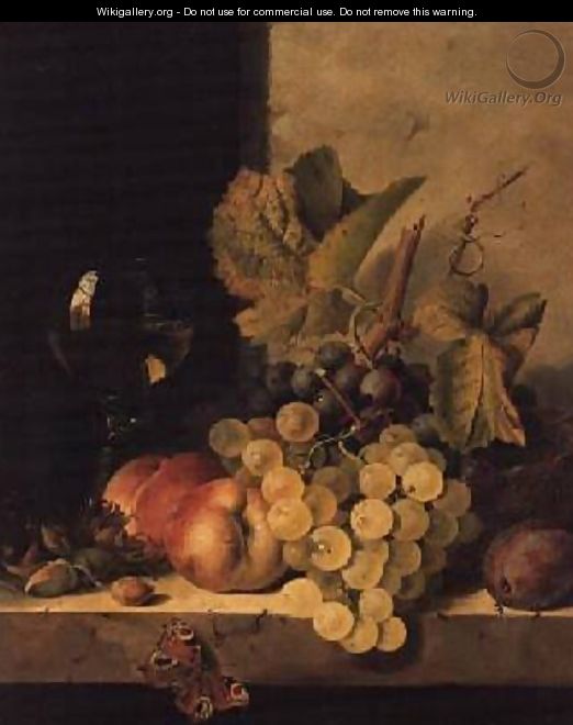 Grapes Peaches and a Wine Glass on a Ledge - Edward Ladell