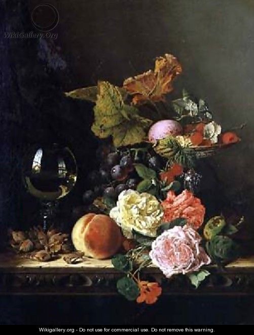 A Wine Glass Grapes Nuts and Roses on a Ledge - Edward Ladell