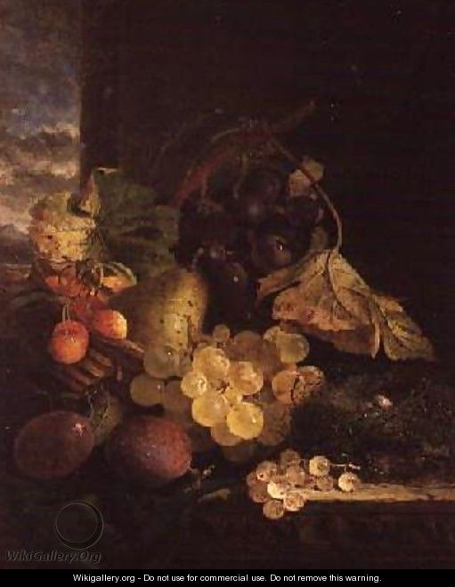 A Still Life with a Basket of Fruit and a Birds Nest on a Wooden Ledge - Edward Ladell