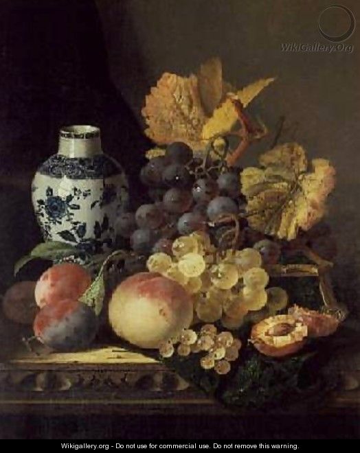 Grapes Peaches Plums and Currants with a Blue and White Vase - Edward Ladell
