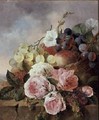 Still life of fruit and roses on a ledge - Edward Ladell