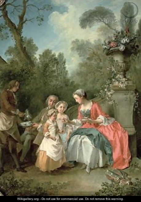 A lady and a gentleman in the Garden with two children - Nicolas Lancret