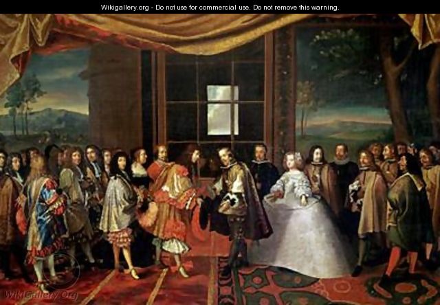Meeting between Louis XIV 1638-1715 and Philippe IV 1605-65 at Isle des Faisans - Laumosnier
