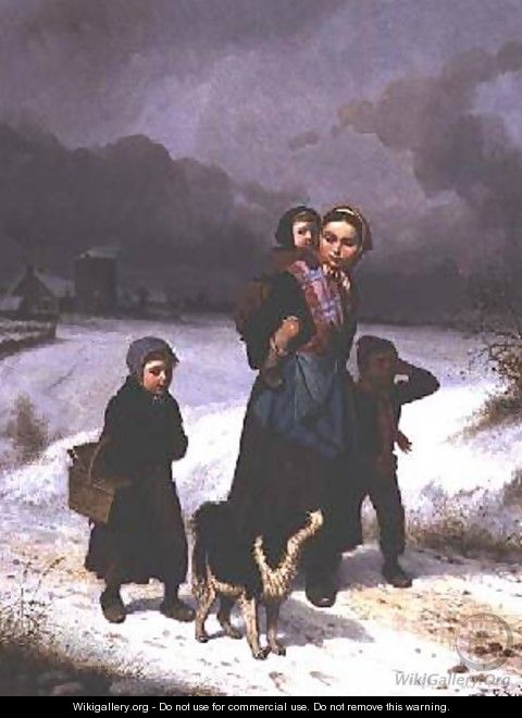 Mother and Children in the Snow - Louis Simon Lassalle