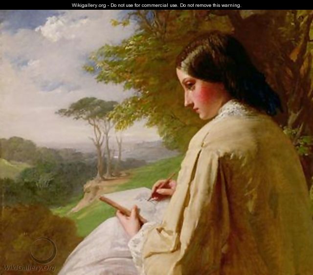 Young Lady sketching in a landscape - Henry Le Jeune