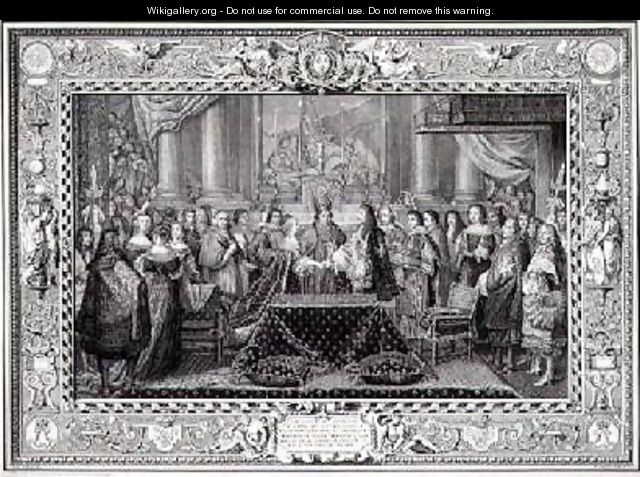 Marriage Ceremony of Louis XIV 1638-1715 King of France and Navarre and the Infanta Maria Theresa of Austria 1638-83 daughter of Philip IV King of Spain in 1660 - (after) Le Brun, Charles