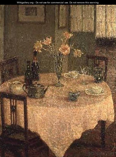 Interior with a Pink Tablecloth - Henri Eugene Augustin Le Sidaner