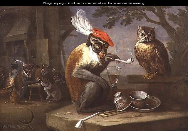A monkey smoking and drinking with an owl - Ferdinand van Kessel