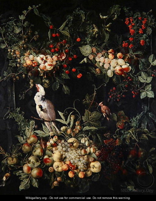 Swags of fruit with flowers round a cartouche with a sulpher crested cockatoo - (attr. to) Kessel, Jan van