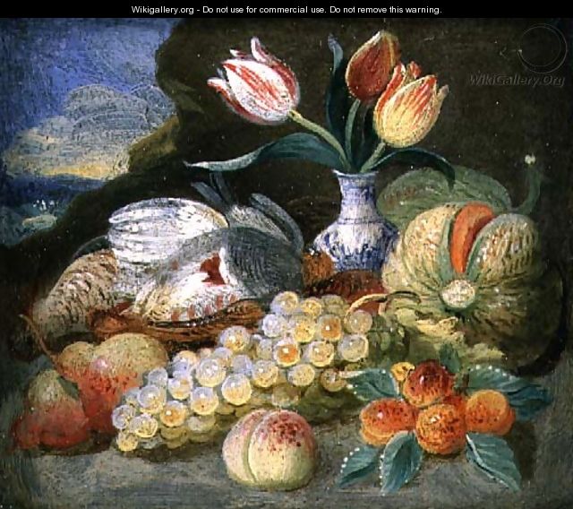 Still Life with Fruit and Parrot Tulips in a Vase - Jan Thomasz. van Kessel