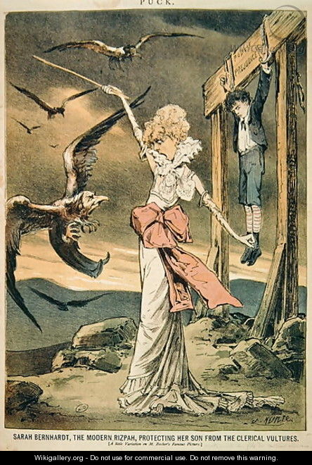 Caricature of Sarah Bernhardt portrayed as the Old Testament heroine Rizpah protecting her son from the clerical vultures of the Catholic Church - Joseph Keppler
