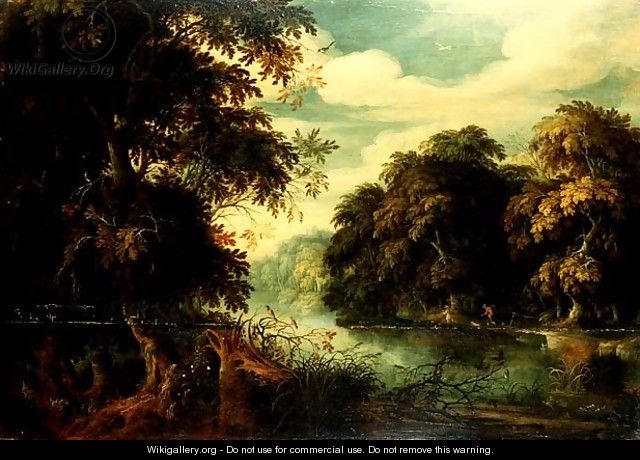 Forest landscape with birdcatchers beside a river - Alexander Keirincx