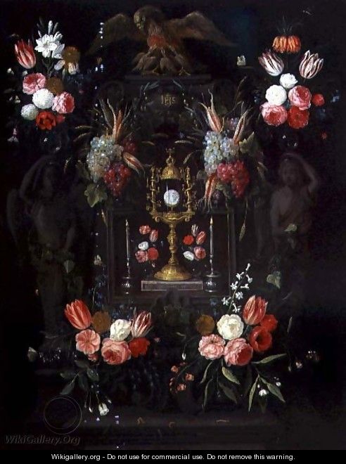 A Chalice with the Eucharist in a cartouche decorated with flowers and fruit - Jan van Kessel