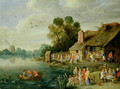 River Landscape with Gentry at a Village Inn - Jan van Kessel