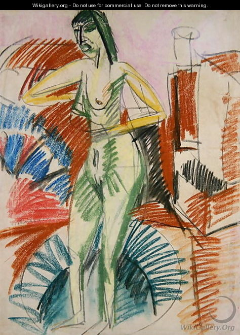 Standing Female Nude in a Tub - Ernst Ludwig Kirchner