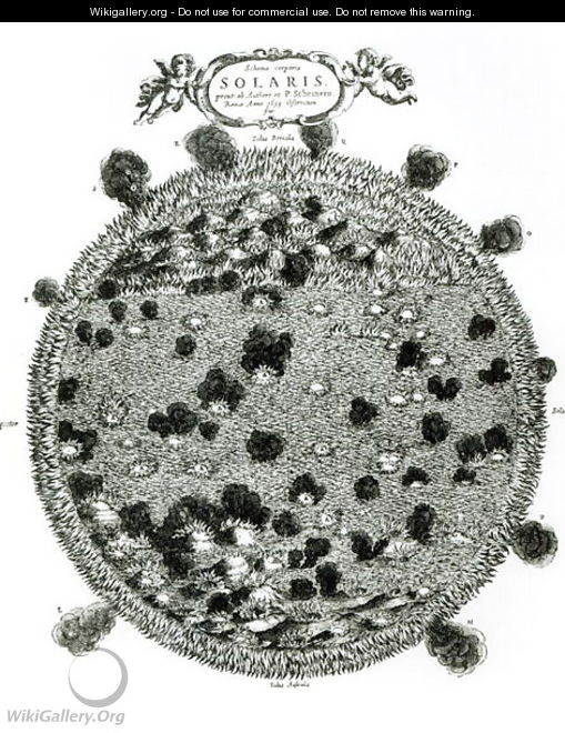 Surface of the Sun showing sunspots - Athanasius Kircher