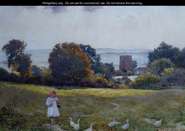 A Little Girl with Ducks in a Meadow - Joseph Kirkpatrick