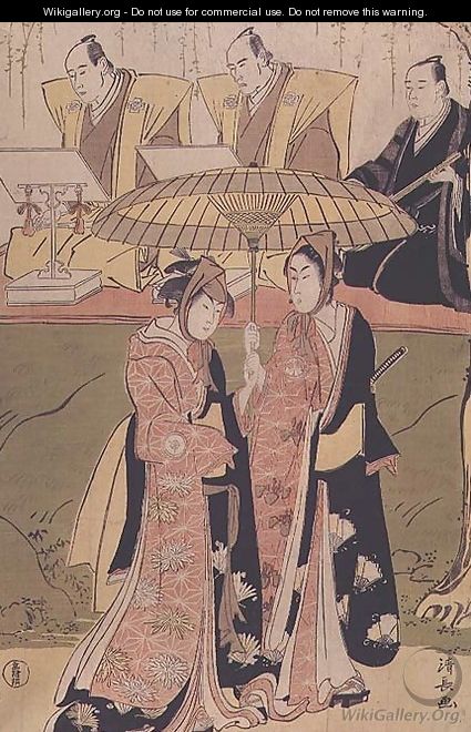 Kabuki scene with part of the chorus two young lovers leave the stage by the flower route - Torii Kiyonaga