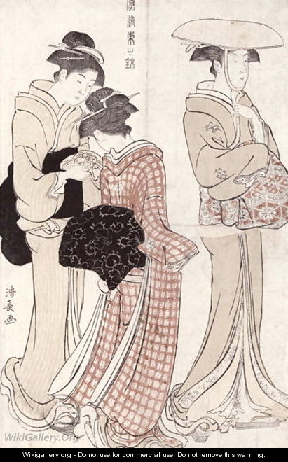 Young woman wearing a wide straw hat followed by a servant and a companion carrying a furoshiki from the series Fuzoku Azuma no nishiki - Torii Kiyonaga
