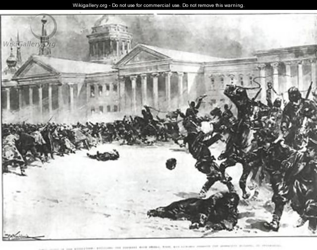First Blood in the Revolution Repulsing the Strikers with Sword Whip and Gunshot opposite the Admiralty Building St Petersburg - H.W. Kockkock