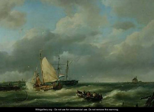 Estuary with fishing vessel and rowing boat - Hermanus Koekkoek