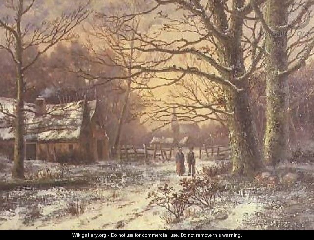 Figures on a path before a village in winter - Johannes Hermann Barend Koekkoek