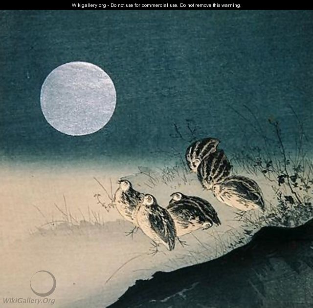 Quails and Full Moon - (attr. to) Kogyo, Tsukioka