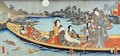 Triptych depicting a prince princess and court ladies boating on a garden pond under a full moon in June - Utagawa Kunisada