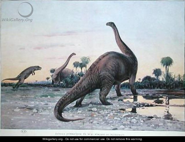 Prehistoric Animals a Laelaps attacking a Brontosaurus - (after) Kuhnert, Wilhelm