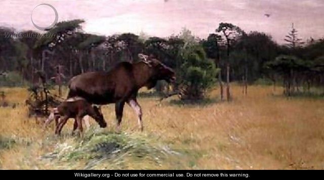 Moose with her Calf in a Landscape 2 - Wilhelm Kuhnert